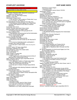 Starfleet Universe Ship Name Index