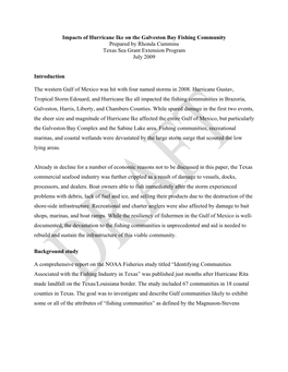 Impacts of Hurricane Ike on the Galveston Bay Fishing Community Prepared by Rhonda Cummins Texas Sea Grant Extension Program July 2009