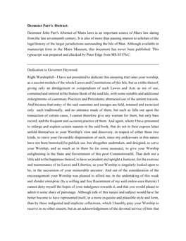 Deemster Parr's Abstract. Deemster John Parr's Abstract of Manx Laws Is an Important Source of Manx Law Dating from the Late Seventeenth Century