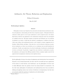 Arithmetic, Set Theory, Reduction and Explanation