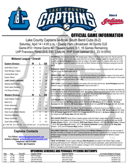 OFFICIAL GAME INFORMATION Lake County Captains (4-5) Vs
