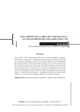 “TOLERANCIA” EN LOS ESCRITOS DE VOLTAIRE (1760–1770) } Adrián Ratto } Universidad De Buenos Aires, CONICET, Argentina]