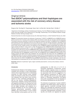 Original Article Two DOCK7 Polymorphisms and Their Haplotypes Are Associated with the Risk of Coronary Artery Disease and Ischemic Stroke