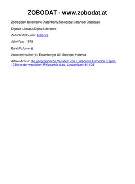 Die Geographische Variation Von Eumedonia Eumedon (Esper, 1780) in Der Westlichen Palaearktis (Lep