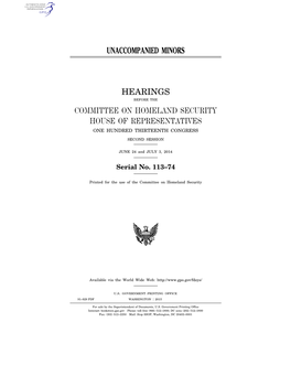 Unaccompanied Minors Hearings Committee on Homeland Security House of Representatives