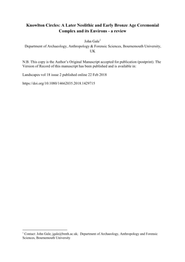 Knowlton Circles: a Later Neolithic and Early Bronze Age Ceremonial Complex and Its Environs - a Review