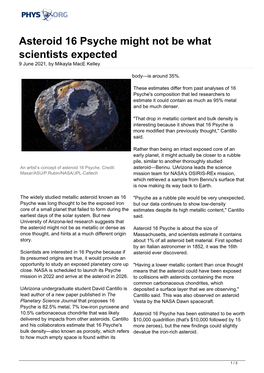 Asteroid 16 Psyche Might Not Be What Scientists Expected 9 June 2021, by Mikayla Mace Kelley