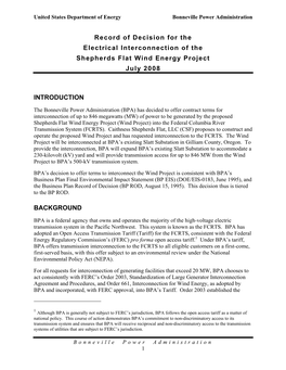 Record of Decision for the Electrical Interconnection of the Shepherds Flat Wind Energy Project July 2008