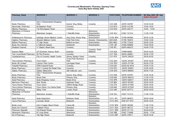 Coventry and Warwickshire Pharmacy Opening Times Early May Bank Holiday 2020 Pharmacy Name ADDRESS 1 ADDRESS 2 ADDRESS 3 POSTCOD