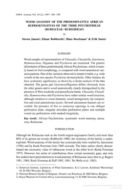 WOOD ANATOMY of the PREDOMINANTLY AFRICAN REPRESENTATIVES of the TRIBE PSYCHOTRIEAE (RUBIACEAE-RUBIOIDEAE) Steven Janseni , Elma