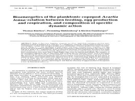 Bioenergetics of the Planktonic Copepod Acartia Tonsa: Relation Between Feeding, Egg Production and Respiration, and Composition of Specific Dynamic Action