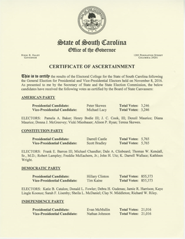South Carolina Certificate of Ascertainment 2016