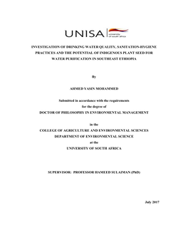 Investigation of Drinking Water Quality, Sanitation-Hygiene Practices and the Potential of Indigenous Plant Seed for Water Purification in Southeast Ethiopia