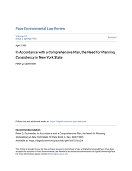 In Accordance with a Comprehensive Plan, the Need for Planning Consistency in New York State