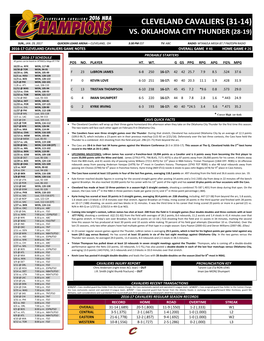 Cleveland Cavaliers (31-14) Vs