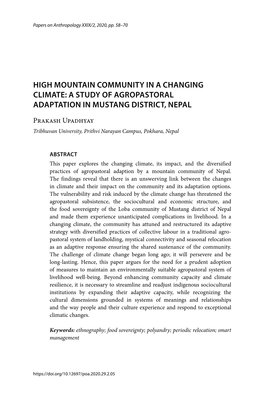 A Study of Agropastoral Adaptation in Mustang District, Nepal