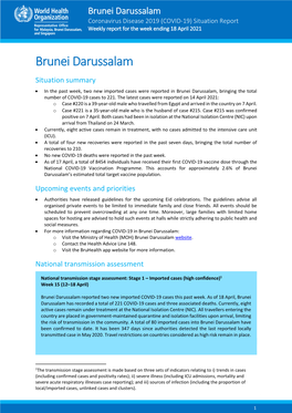 Brunei Darussalam Coronavirus Disease 2019 (COVID-19) Situation Report Weekly Report for the Week Ending 18 April 2021