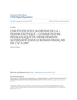 FEMME EXOTIQUE » COMME FIGURE PÉDAGOGIQUE DU DÉSIR FÉMININ ALTERNATIF DANS LE ROMAN FRANÇAIS DE 1747 À 1997 Valerie S