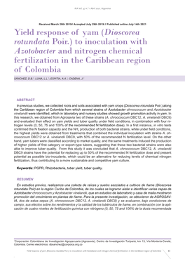 Yield Response of Yam (Dioscorea Rotundata Poir.) to Inoculation with Azotobacter and Nitrogen Chemical Fertilization in the Caribbean Region of Colombia