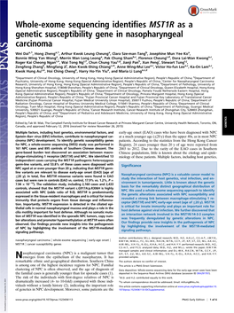 Whole-Exome Sequencing Identifies MST1R As a Genetic Susceptibility Gene in Nasopharyngeal Carcinoma