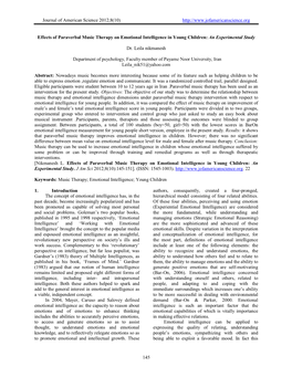 Journal of American Science 2012;8(10) 145 Effects of Paraverbal Music Therapy on Emotiona