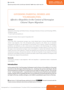 GOVERNING PARENTAL DESIRES and VULNERABILITIES: Affectiv E Biopolitics in the Context of Norwegian Citizens’ Repro-Migration