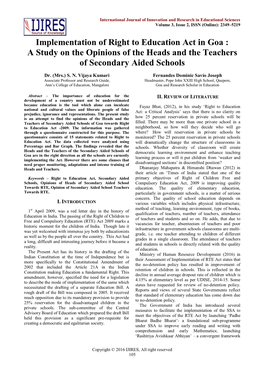 Implementation of Right to Education Act in Goa : a Study on the Opinions of the Heads and the Teachers of Secondary Aided Schools