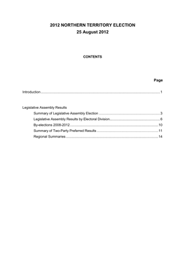 2012 NORTHERN TERRITORY ELECTION 25 August 2012
