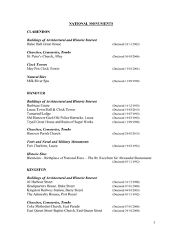 1 NATIONAL MONUMENTS CLARENDON Buildings of Architectural and Historic Interest Halse Hall Great House Churches, Cemeteries