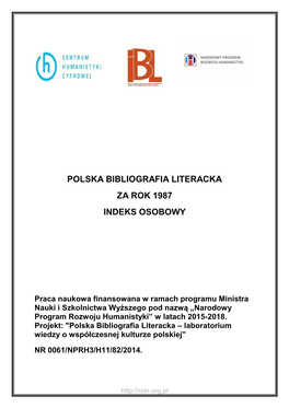 Polska Bibliografia Literacka Za Rok 1987. Indeks Osobowy