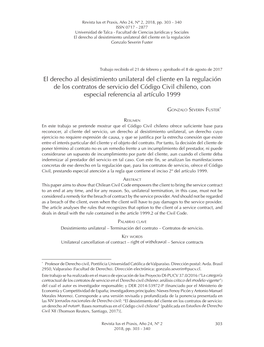 El Derecho Al Desistimiento Unilateral Del Cliente En La Regulación De Los Contratos De Servicio Del Código Civil Chileno, Con Especial Referencia Al Artículo 1999