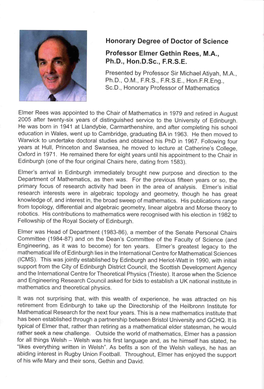 HONORARY DEGREE of DOCTOR of SCIENCE Professor Elmer Rees