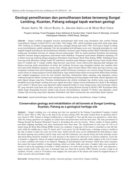 Geologi Pemeliharaan Dan Pemuliharaan Bekas Terowong Sungai Lembing, Kuantan, Pahang Sebagai Tapak Warisan Geologi