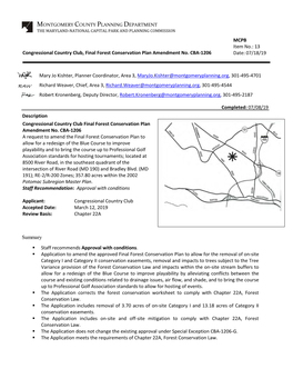 Congressional Country Club, Final Forest Conservation Plan Amendment No