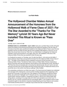 The Hollywood Chamber Makes Annual Announcement of the Honorees from the Hollywood Walk of Fame Class of 2021: for the Sta…