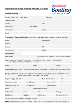 Application for a New Maritime SSB/VHF Call Sign Owners Details