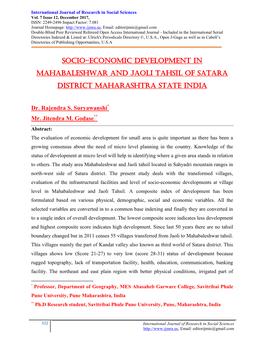 Socio-Economic Development in Mahabaleshwar and Jaoli Tahsil of Satara District Maharashtra State India