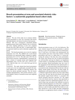 Breech Presentation at Term and Associated Obstetric Risks Factors—A Nationwide Population Based Cohort Study