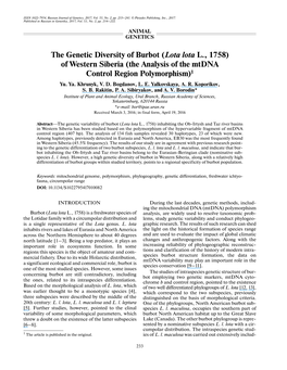 The Genetic Diversity of Burbot (Lota Lota L., 1758) of Western Siberia (The Analysis of the Mtdna Control Region Polymorphism)1 Yu