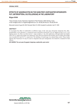 Effects of Azadirachtin on the Sunn Pest, Eurygaster Integriceps Put