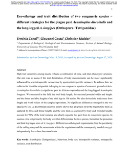 Eco-Ethology and Trait Distribution of Two Congeneric Species – Different Strategies for the Plague Pest Acanthoplus Discoidalis and the Long-Legged A