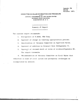 Agenda F8 Rules October 1971 COMMITTEE on RULES of PRACTICE and PROCEDURE of the JUDICIAL CONFERENCE of the UNITED STATES SUPREME COURT BUILDING WASHINGTON 25, D