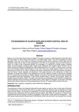 THE BEGINNINGS of ISLAM in NUPELAND in NORTH CENTRAL AREA of NIGERIA Sheshi T