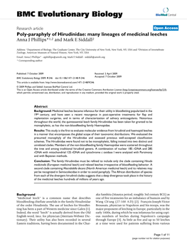 Poly-Paraphyly of Hirudinidae: Many Lineages of Medicinal Leeches Anna J Phillips*1,2 and Mark E Siddall2