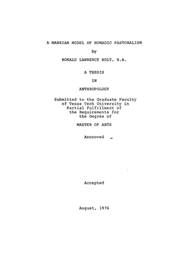 A MARXIAN MODEL of NOMADIC PASTORALISM by RONALD LAWRENCE HOLT, B.A