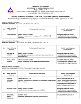 Notice of Filing of Application for Alien Employment