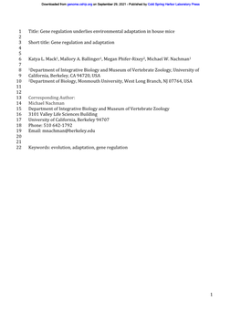 Gene Regulation Underlies Environmental Adaptation in House Mice 2 3 Short Title: Gene Regulation and Adaptation 4 5 6 Katya L