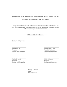 OVERPRESSURE in the EASTERN BENGAL BASIN, BANGLADESH, and ITS RELATION to COMPRESSIONAL TECTONICS Except Where Reference Is Made