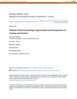 Pediatric School Psychology: Opportunities and Perspectives on Training and Practice