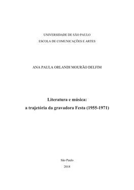 Literatura E Música: a Trajetória Da Gravadora Festa (1955-1971)